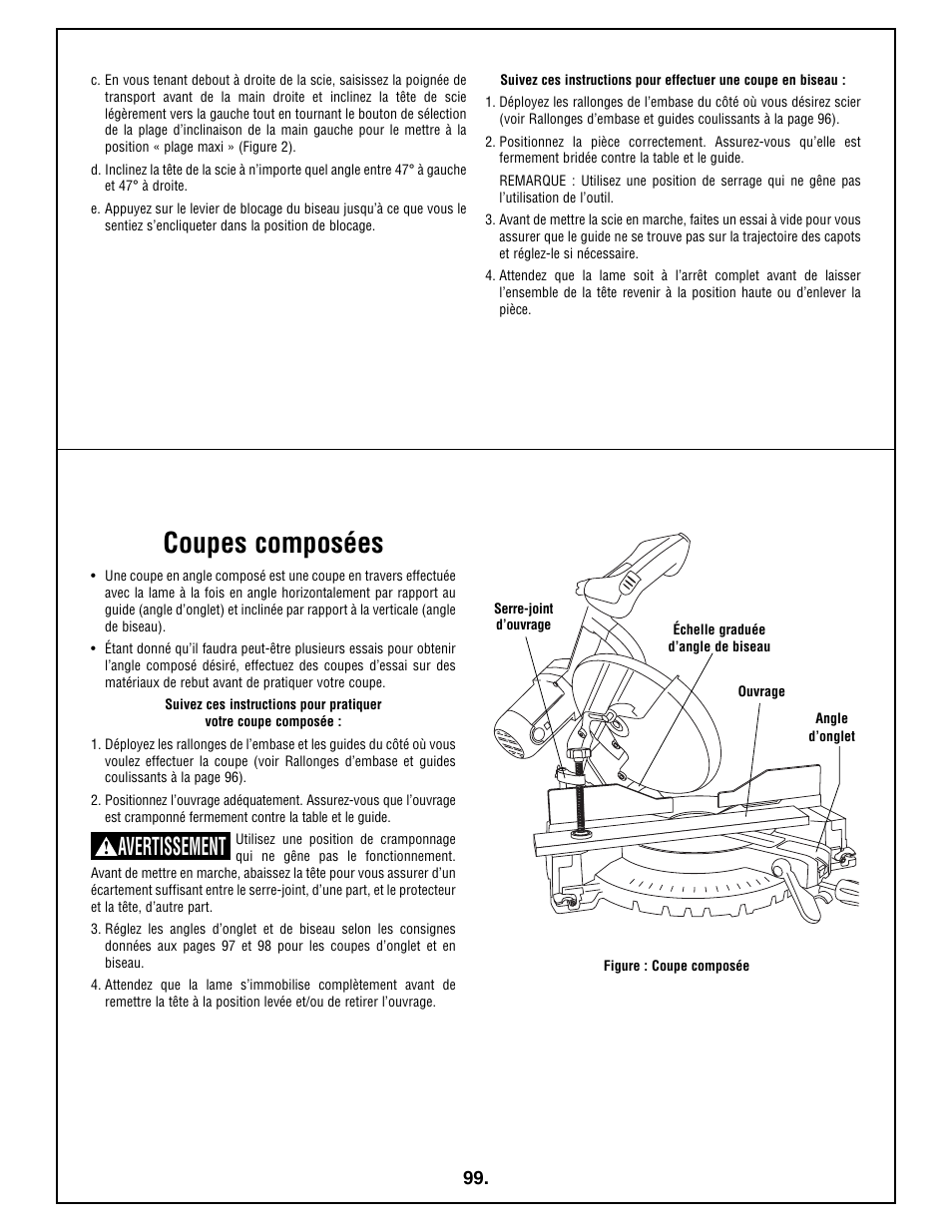 Coupes composées, Avertissement | Bosch 4212L User Manual | Page 99 / 112