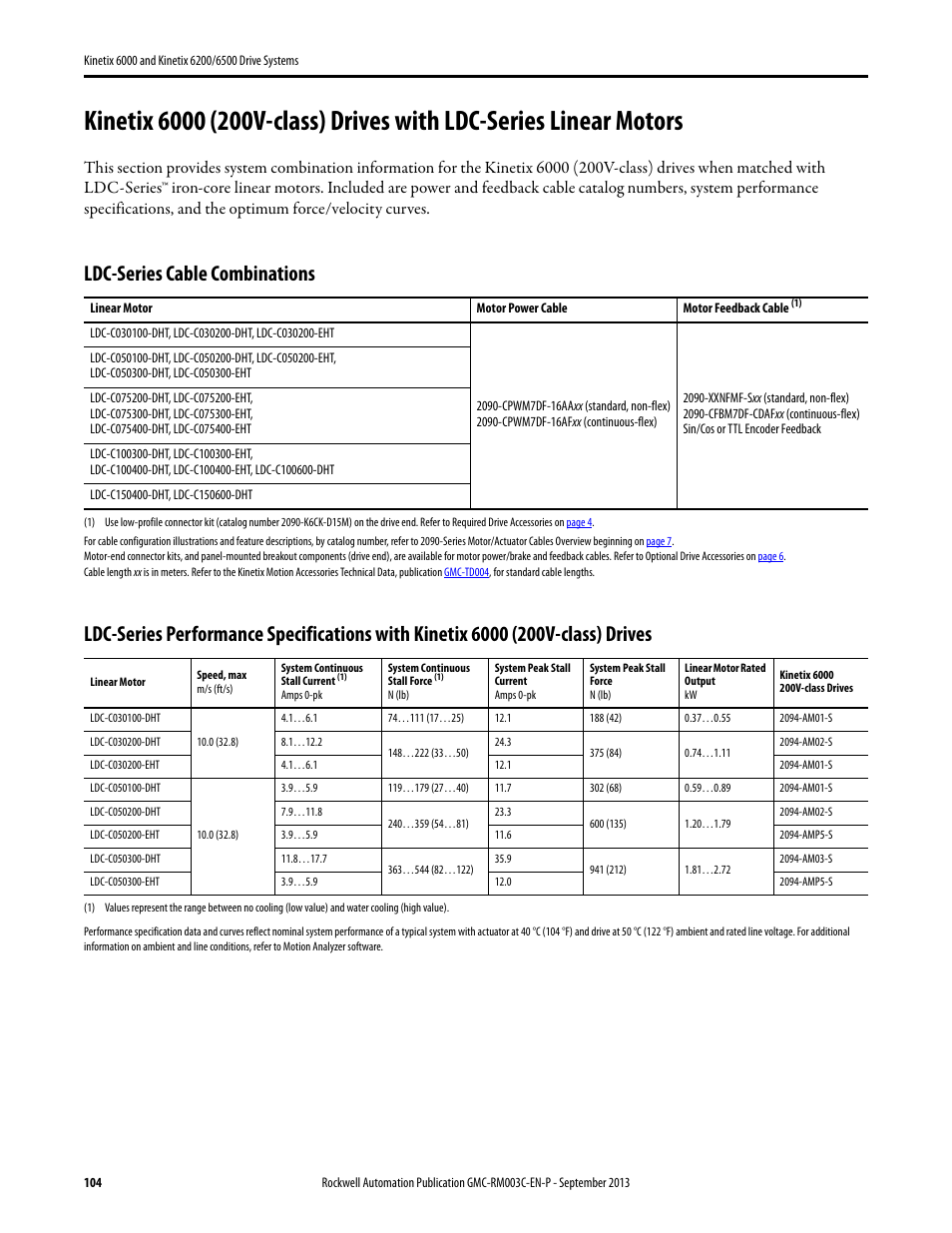 Kinetix 6000 (200v-class) drives with ldc-series, Ldc-series cable combinations | Rockwell Automation 2094-xxxx Kinetix 6000 and Kinetix 6200/6500 Drive Systems Design Guide User Manual | Page 104 / 120