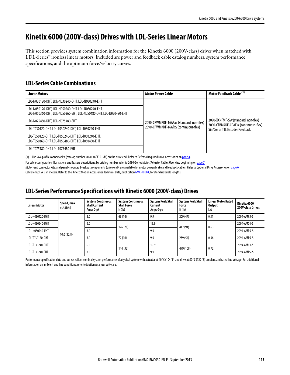 Kinetix 6000 (200v-class) drives with ldl-series, Ldl-series cable combinations | Rockwell Automation 2094-xxxx Kinetix 6000 and Kinetix 6200/6500 Drive Systems Design Guide User Manual | Page 115 / 120