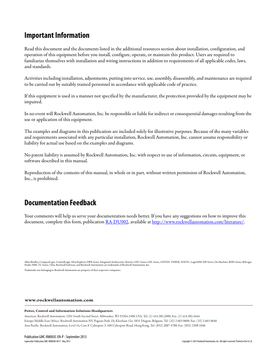 Important information, Documentation feedback | Rockwell Automation 2094-xxxx Kinetix 6000 and Kinetix 6200/6500 Drive Systems Design Guide User Manual | Page 120 / 120