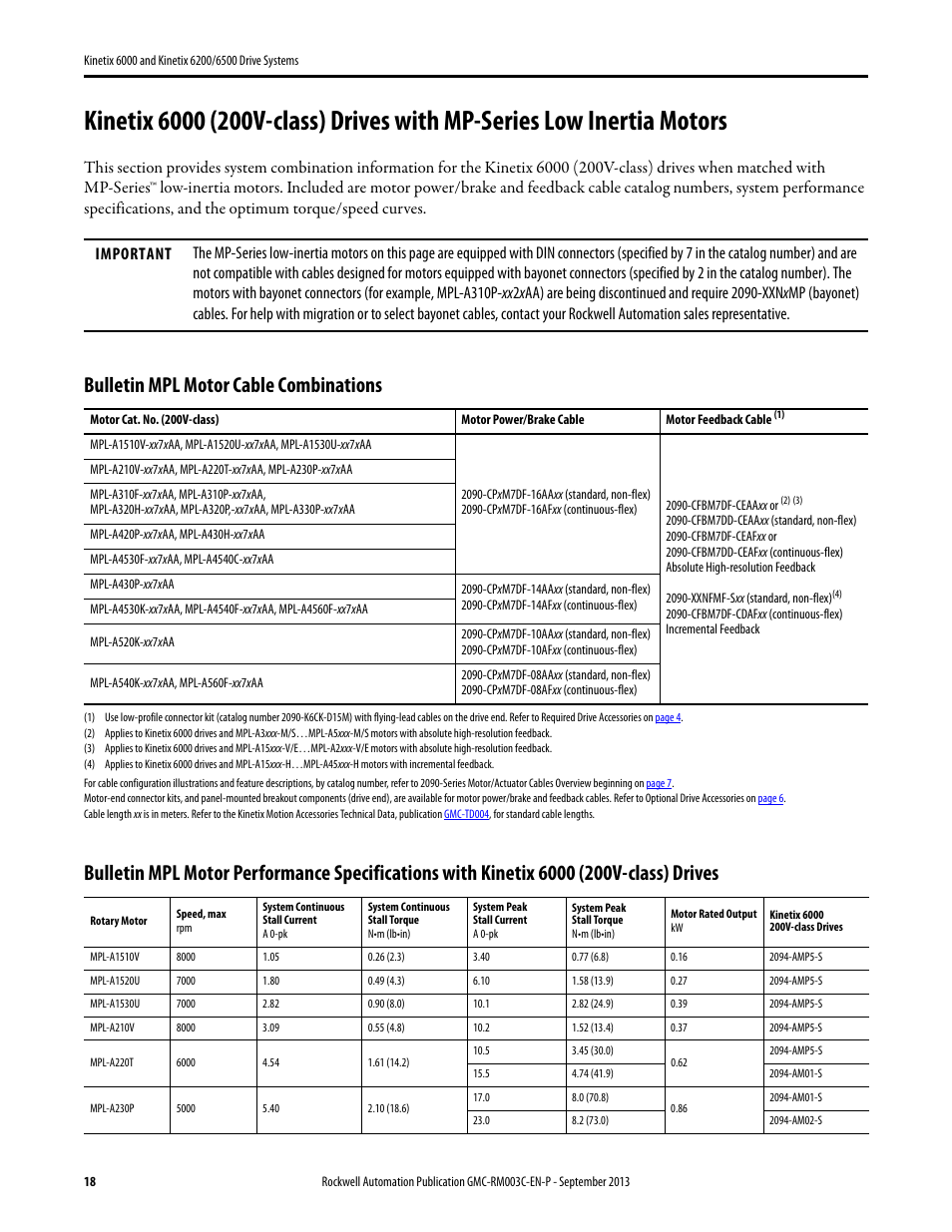 Kinetix 6000 (200v-class) drives with mpl, Bulletin mpl motor cable combinations | Rockwell Automation 2094-xxxx Kinetix 6000 and Kinetix 6200/6500 Drive Systems Design Guide User Manual | Page 18 / 120