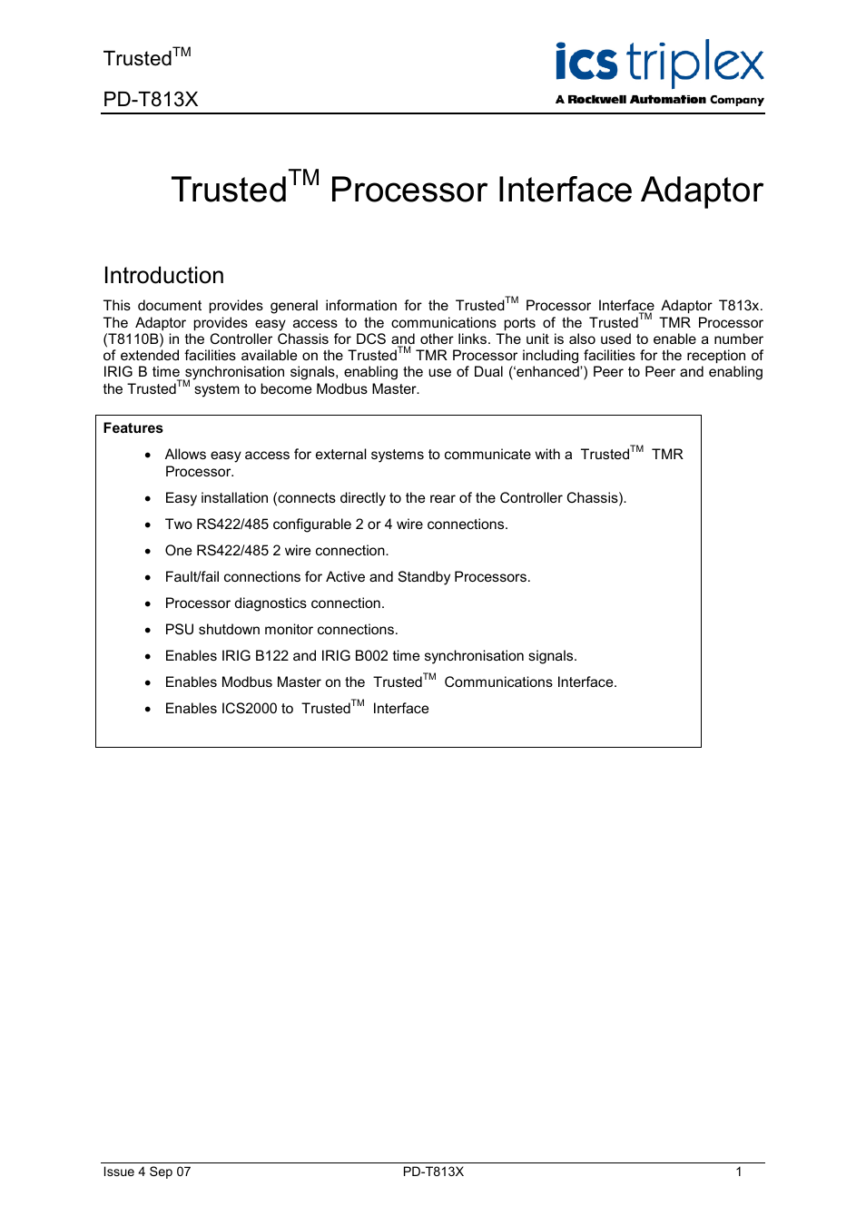 Rockwell Automation T813X Trusted Processor Interface Adaptor User Manual | 16 pages