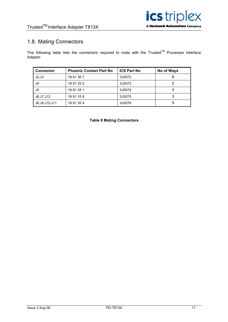 Mating connectors, Serial ports 2 and 3 connectors (j8 to j11), Trusted | Interface adapter t813x | Rockwell Automation T813X Trusted Processor Interface Adaptor User Manual | Page 11 / 16