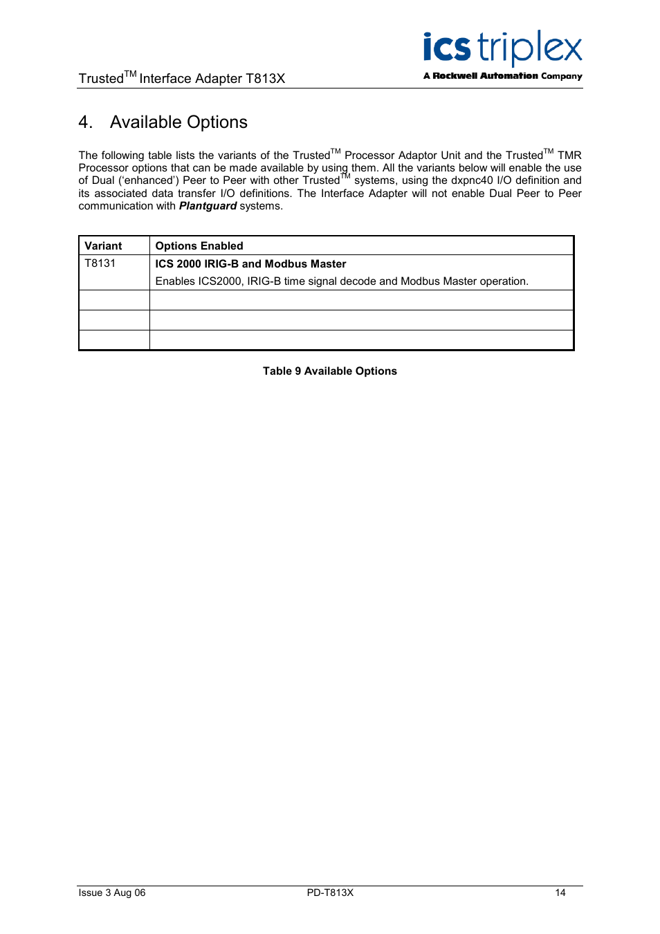 Available options, Specifications, Input configuration | Serial ports, Trusted, Interface adapter t813x | Rockwell Automation T813X Trusted Processor Interface Adaptor User Manual | Page 14 / 16