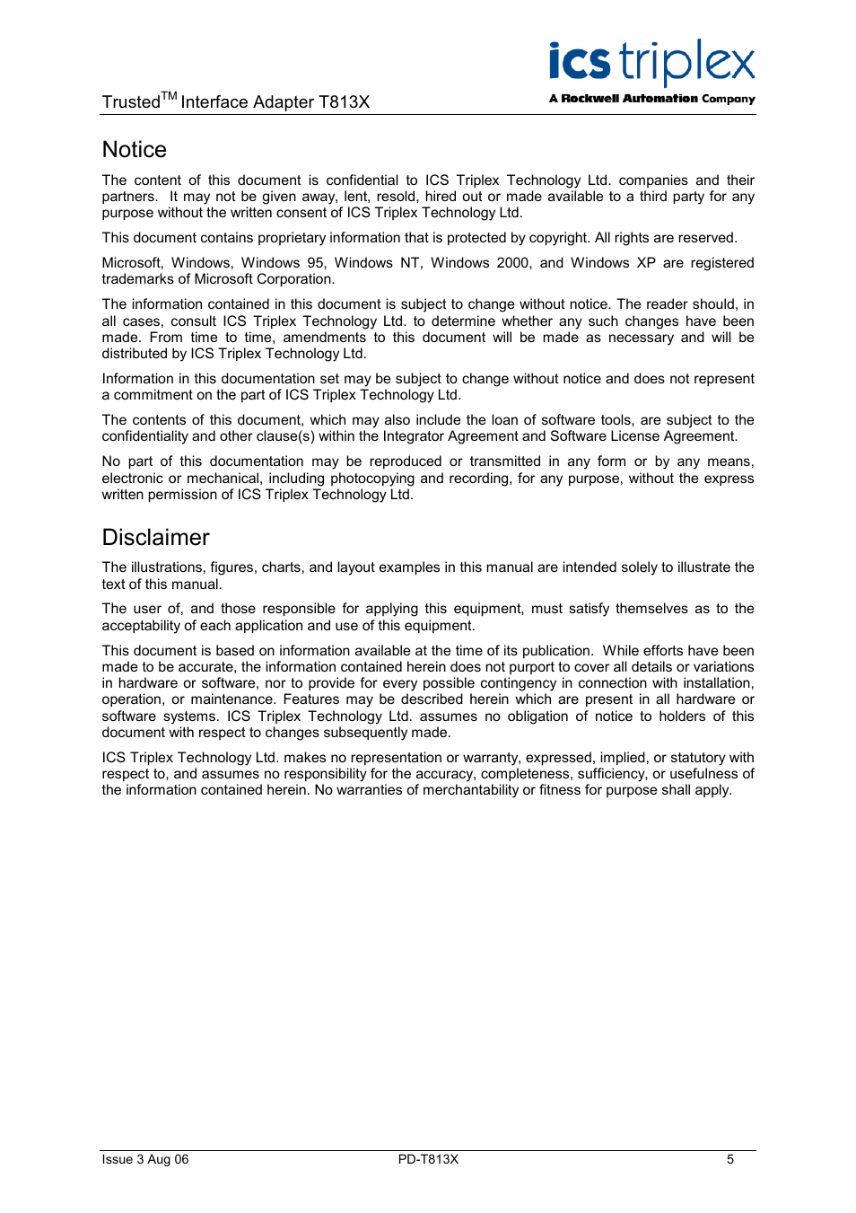 Notice, Disclaimer | Rockwell Automation T813X Trusted Processor Interface Adaptor User Manual | Page 5 / 16