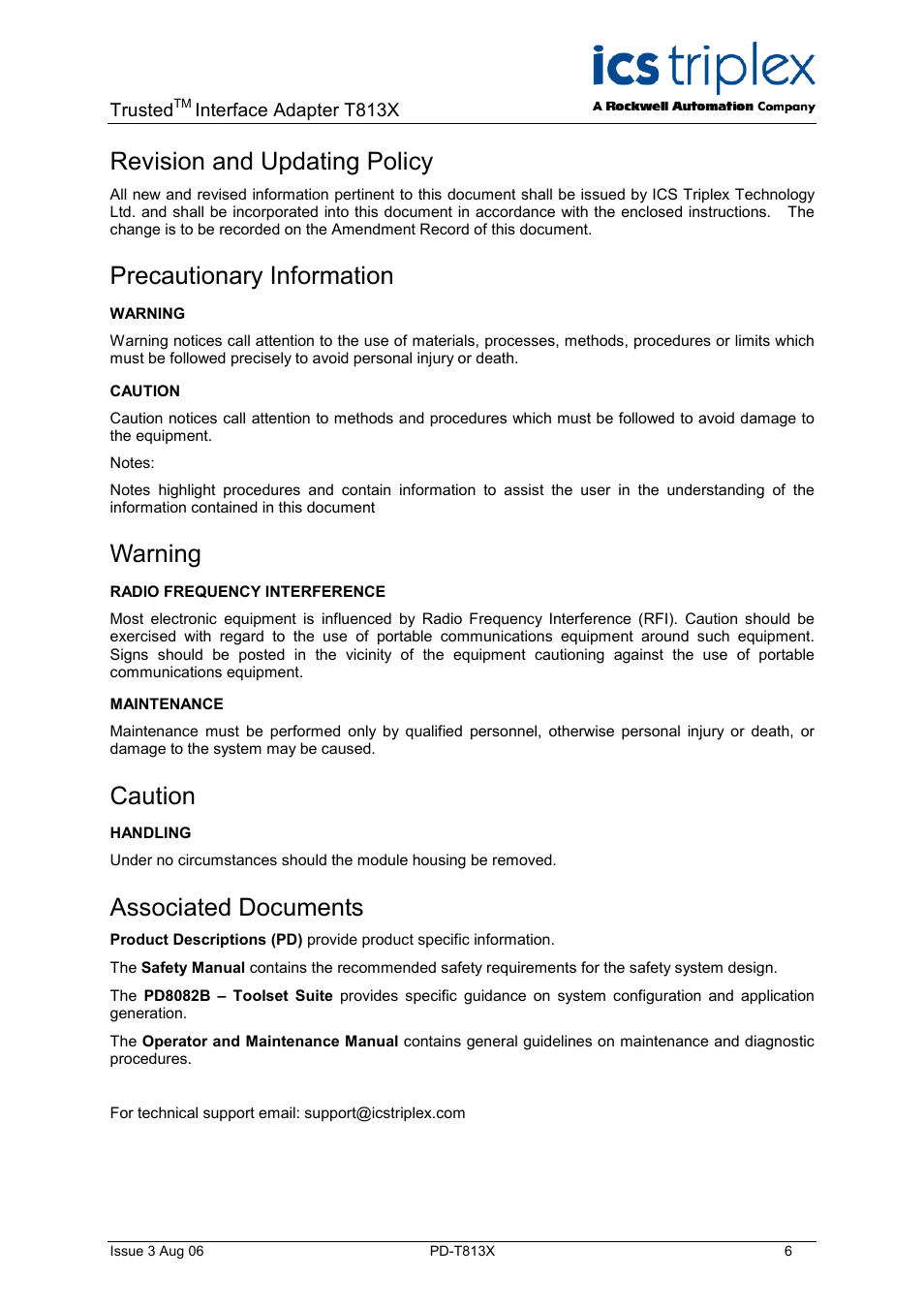 Description, Revision and updating policy, Precautionary information | Warning, Caution, Associated documents | Rockwell Automation T813X Trusted Processor Interface Adaptor User Manual | Page 6 / 16