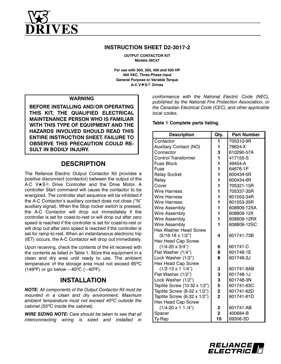 Rockwell Automation 36С47 DC Drive Output Contactor Kit 300-500HP User Manual | 8 pages