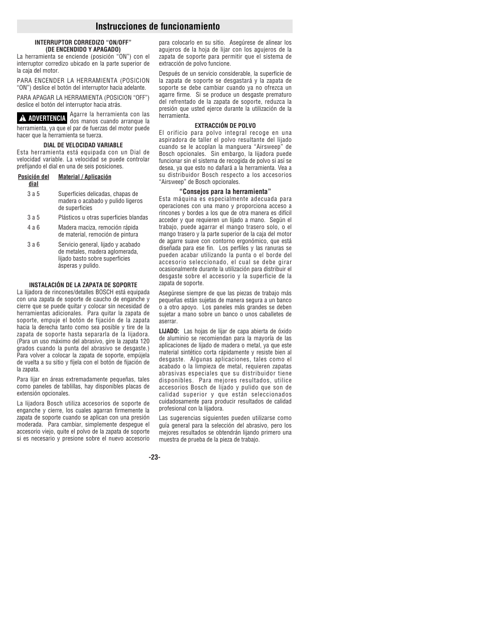 Instrucciones de funcionamiento | Bosch 1294VSK User Manual | Page 23 / 28