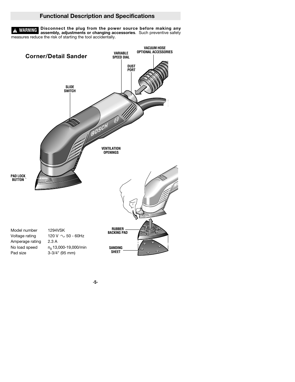 Functional description and specifications, Corner/detail sander | Bosch 1294VSK User Manual | Page 5 / 28