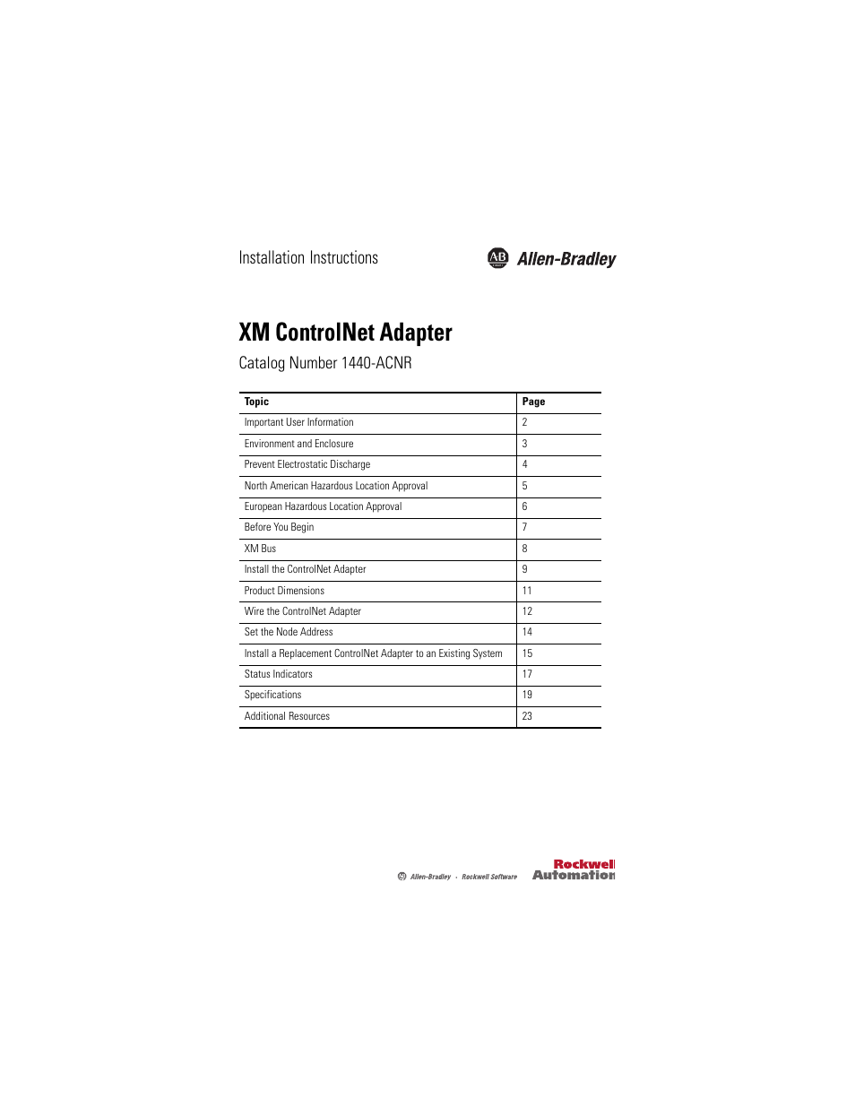 Rockwell Automation 1440-ACNR XM ControlNet Adapter User Manual | 24 pages