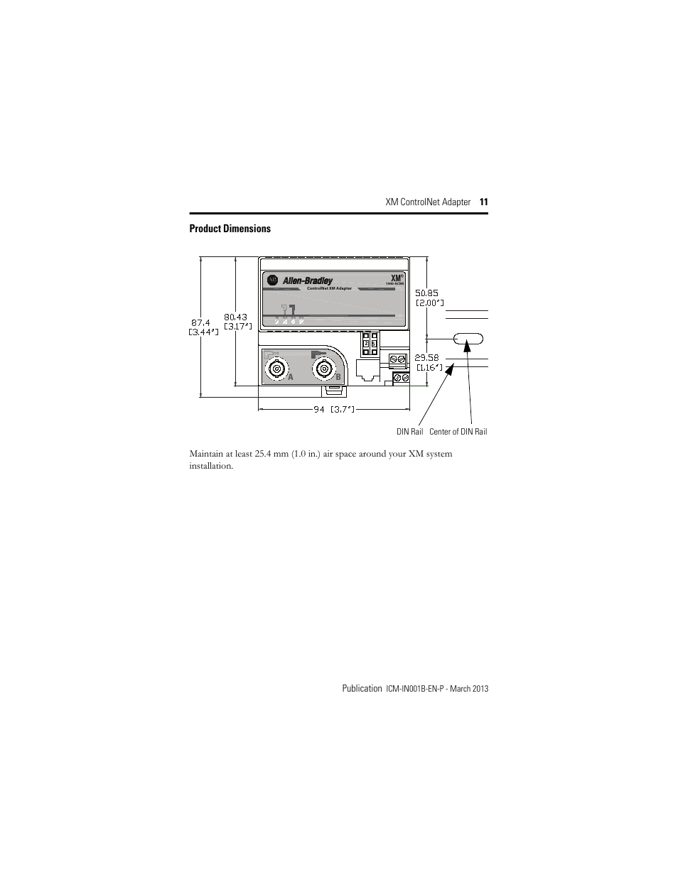 Product dimensions | Rockwell Automation 1440-ACNR XM ControlNet Adapter User Manual | Page 11 / 24