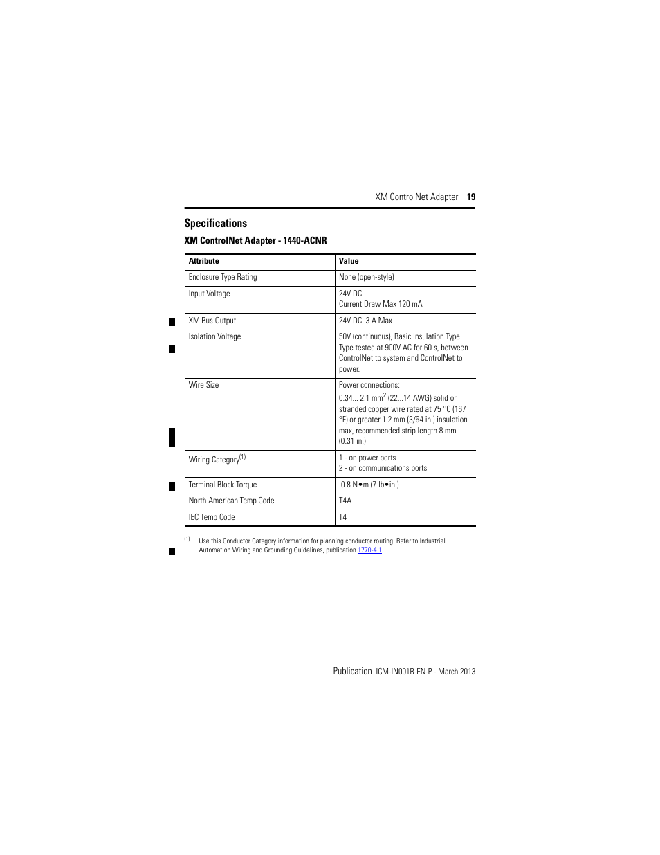 Specifications | Rockwell Automation 1440-ACNR XM ControlNet Adapter User Manual | Page 19 / 24