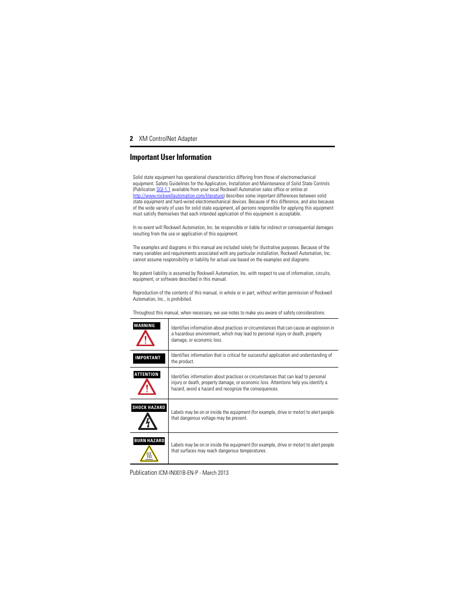 Important user information, 2 xm controlnet adapter publication | Rockwell Automation 1440-ACNR XM ControlNet Adapter User Manual | Page 2 / 24