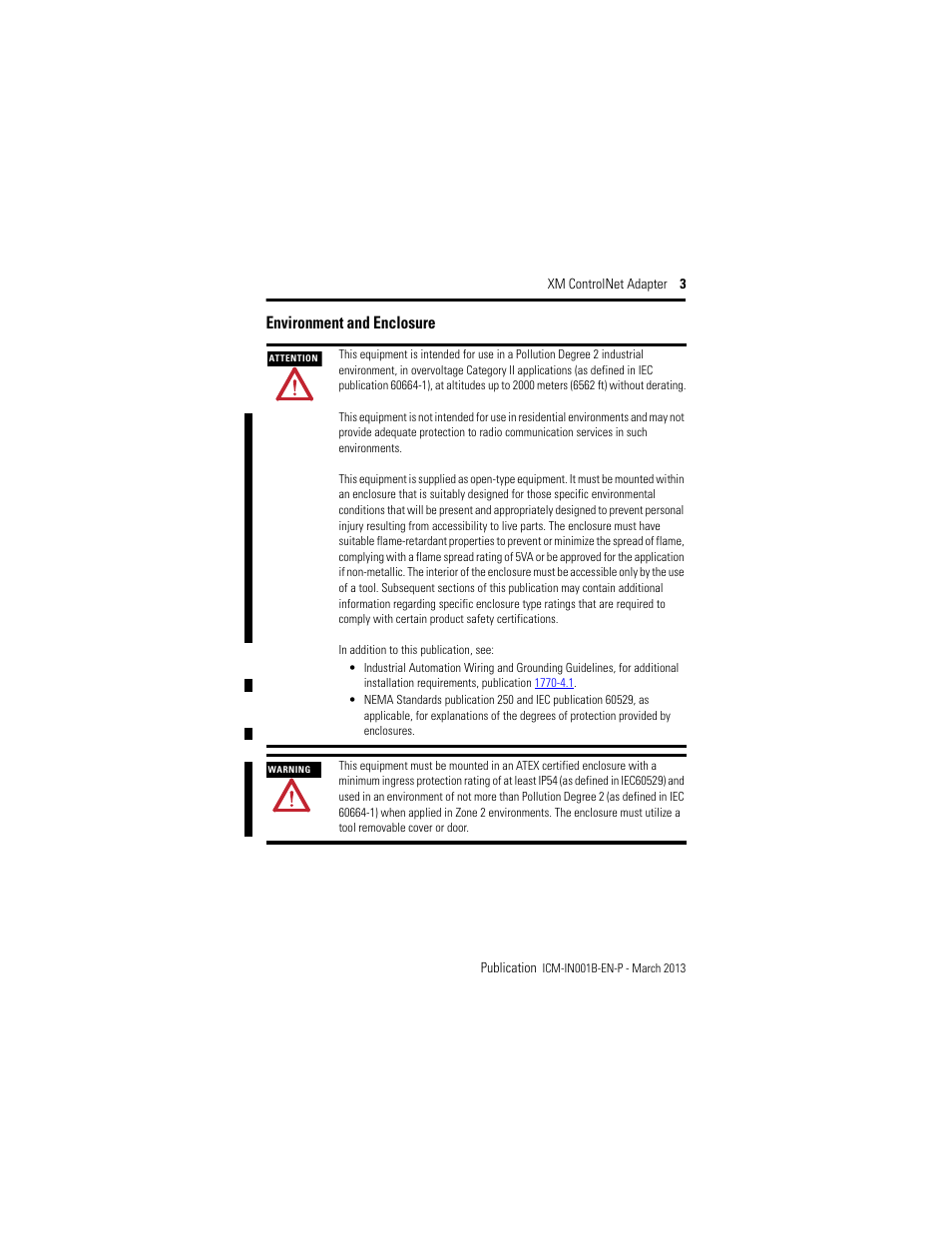 Environment and enclosure | Rockwell Automation 1440-ACNR XM ControlNet Adapter User Manual | Page 3 / 24