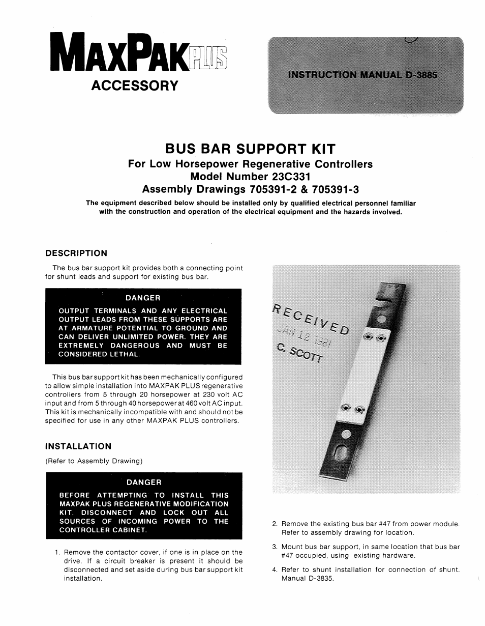 Rockwell Automation MaxPak Plus Low HP Non RG Bus Bar Support Kit 23C331 User Manual | 2 pages
