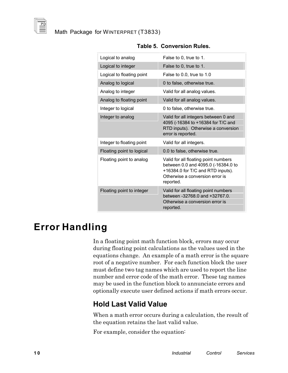 Error handling, Hold last valid value | Rockwell Automation T3833 ICS Regent Math Package for Winterpret User Manual | Page 10 / 26