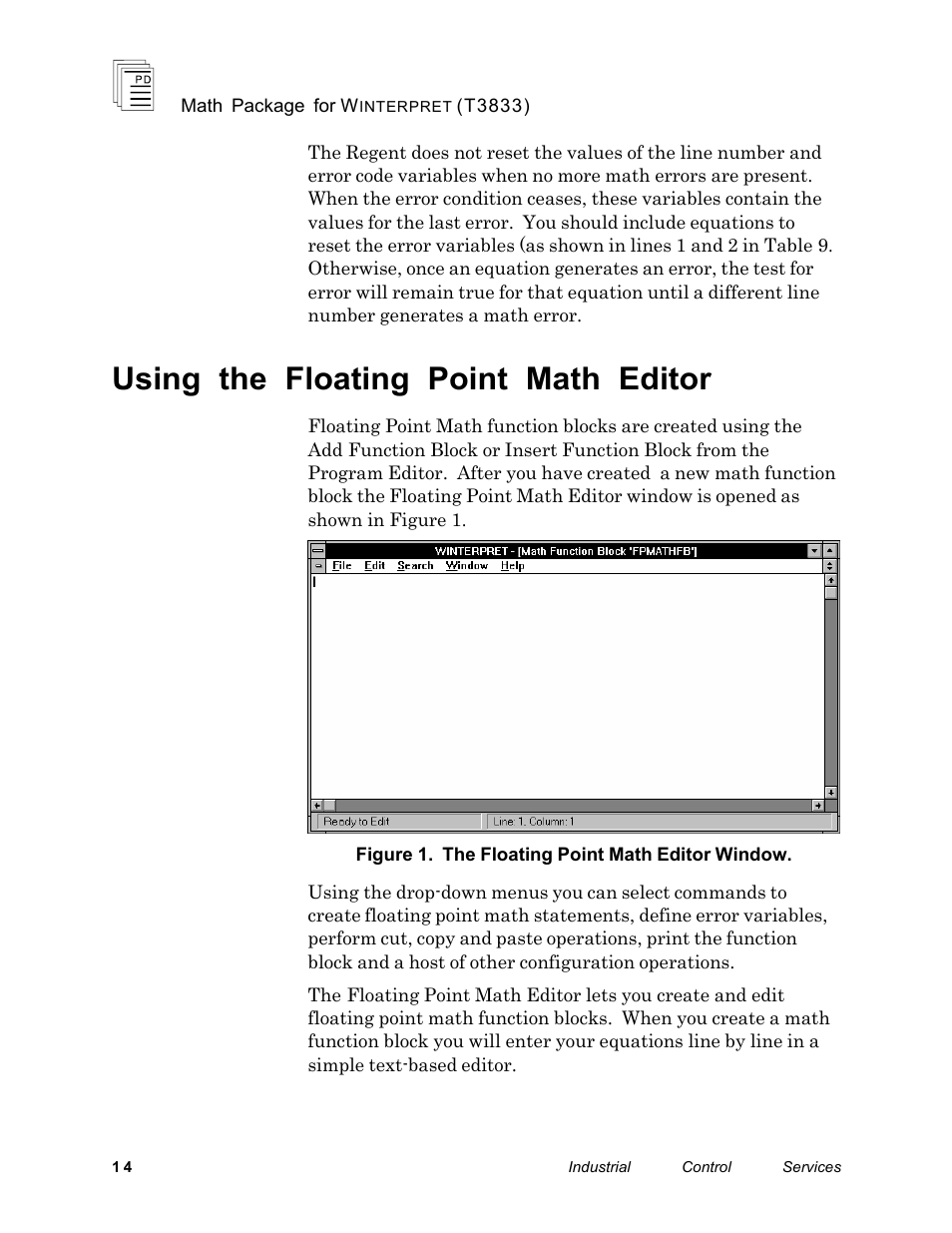 Using the floating point math editor | Rockwell Automation T3833 ICS Regent Math Package for Winterpret User Manual | Page 14 / 26