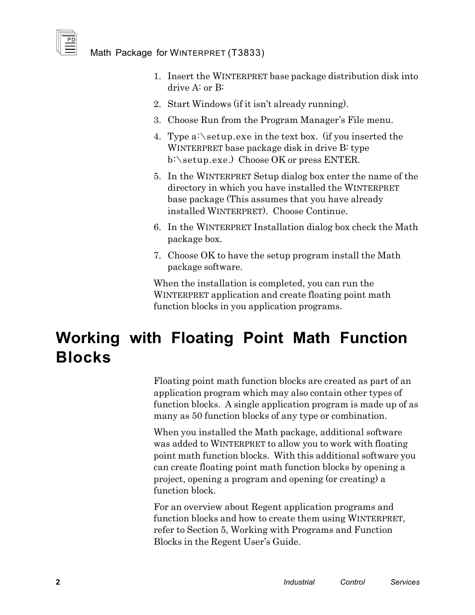 Working with floating point math function blocks | Rockwell Automation T3833 ICS Regent Math Package for Winterpret User Manual | Page 2 / 26