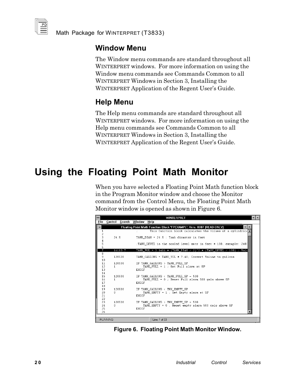 Using the floating point math monitor, Window menu, Help menu | Rockwell Automation T3833 ICS Regent Math Package for Winterpret User Manual | Page 20 / 26