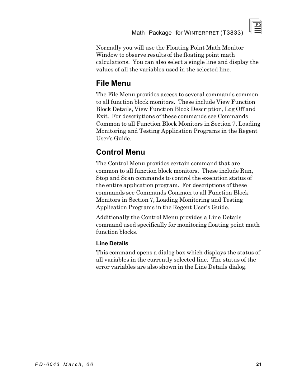 File menu, Control menu | Rockwell Automation T3833 ICS Regent Math Package for Winterpret User Manual | Page 21 / 26