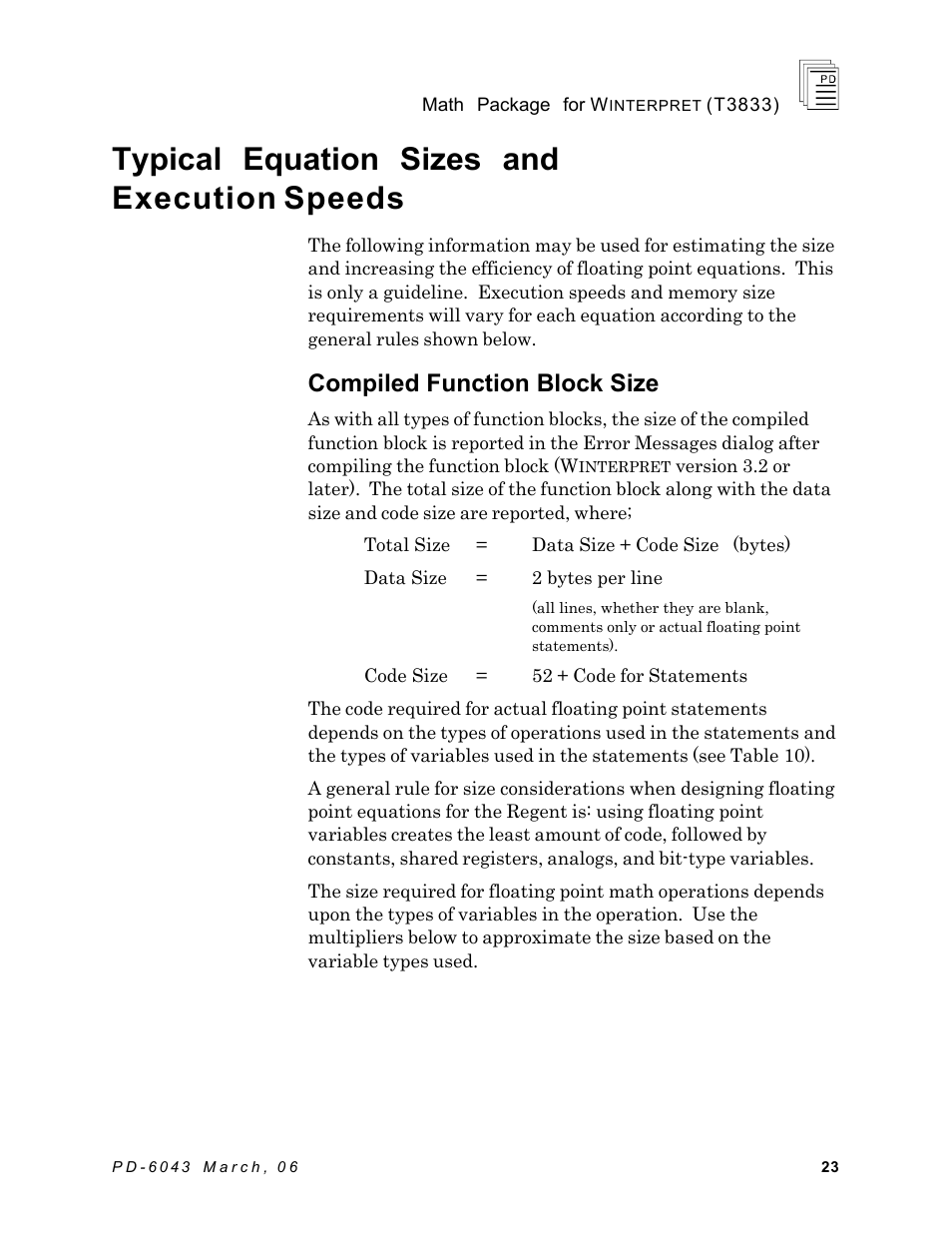 Typical equation sizes and, Execution speeds, Typical equation sizes and execution speeds | Compiled function block size | Rockwell Automation T3833 ICS Regent Math Package for Winterpret User Manual | Page 23 / 26