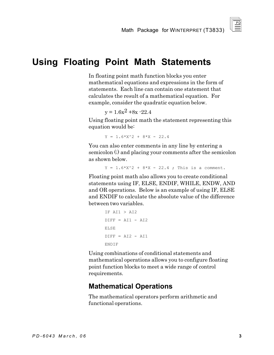 Using floating point math statements, Mathematical operations | Rockwell Automation T3833 ICS Regent Math Package for Winterpret User Manual | Page 3 / 26