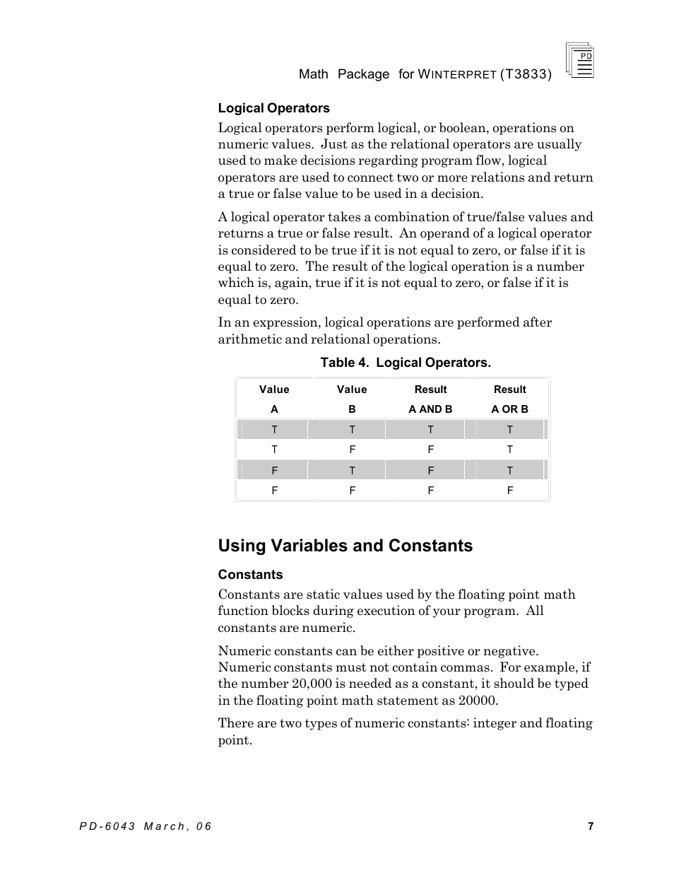 Using variables and constants | Rockwell Automation T3833 ICS Regent Math Package for Winterpret User Manual | Page 7 / 26