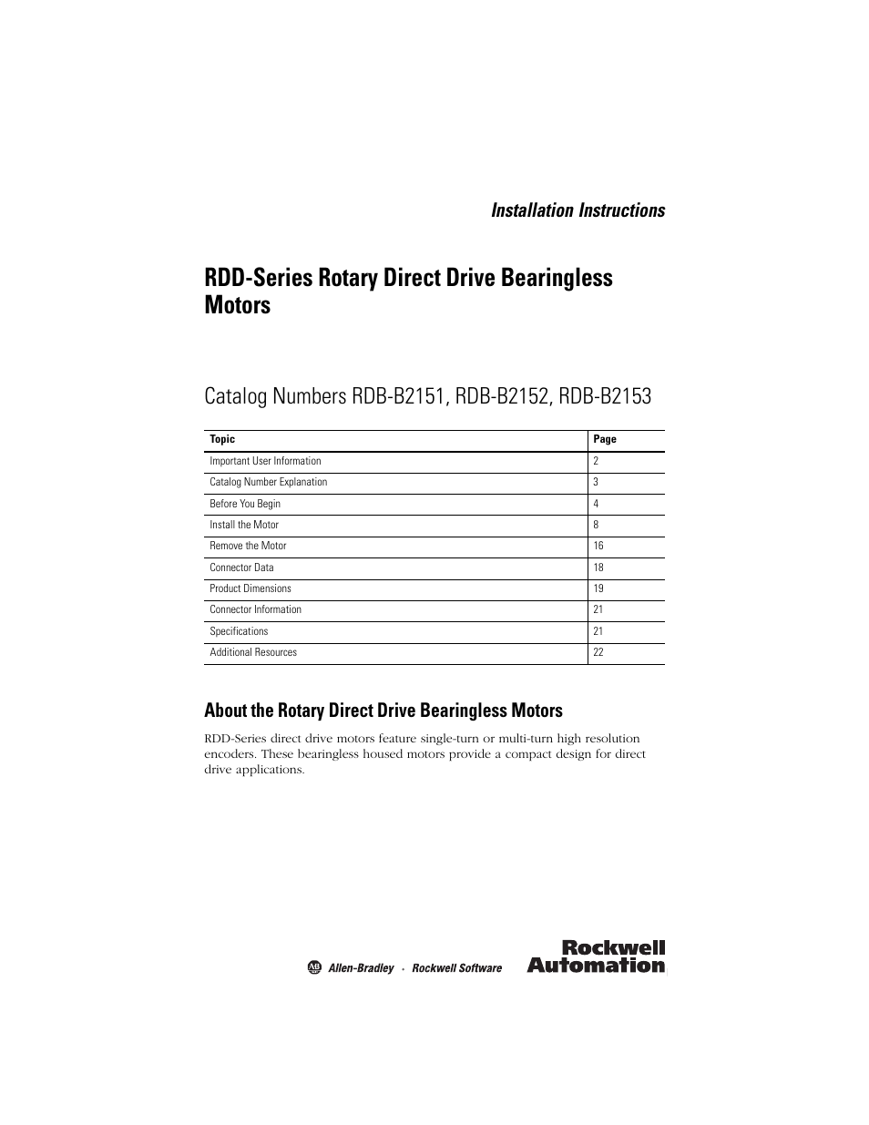 Rockwell Automation RDD-B2153 Rotary Direct Drive Bearingless Motors User Manual | 24 pages