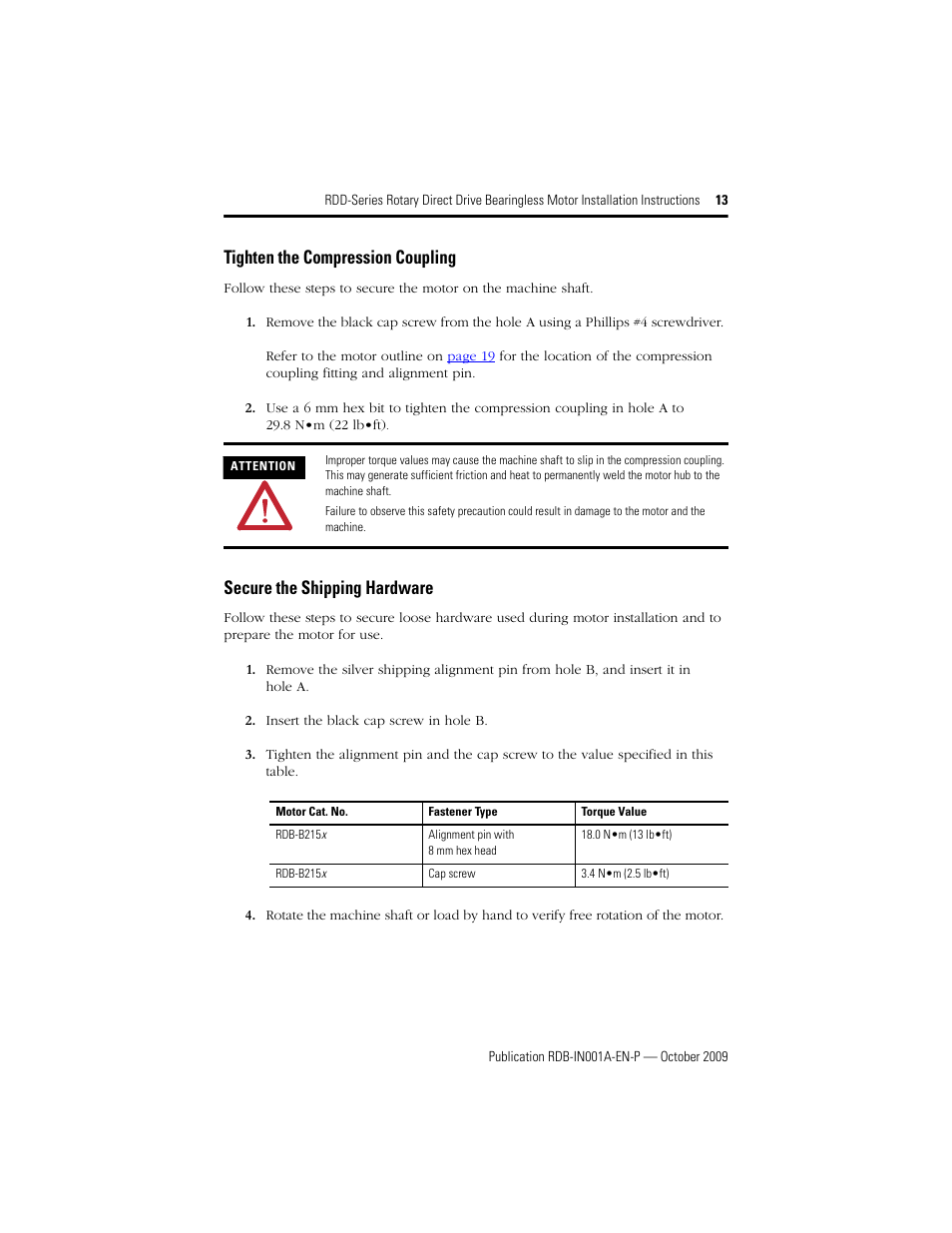 Tighten the compression coupling, Secure the shipping hardware | Rockwell Automation RDD-B2153 Rotary Direct Drive Bearingless Motors User Manual | Page 13 / 24