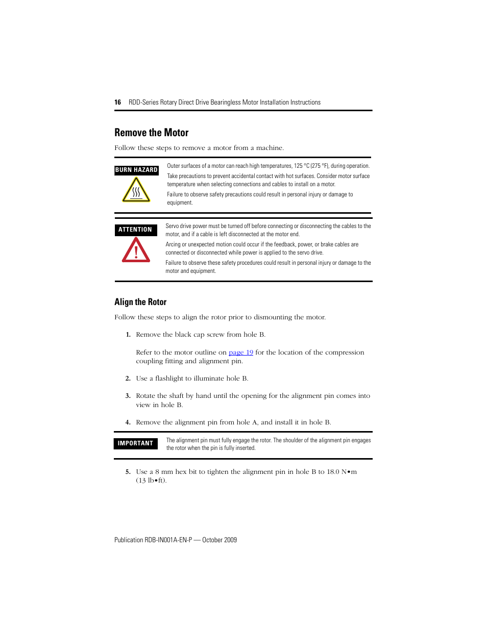 Remove the motor, Align the rotor | Rockwell Automation RDD-B2153 Rotary Direct Drive Bearingless Motors User Manual | Page 16 / 24