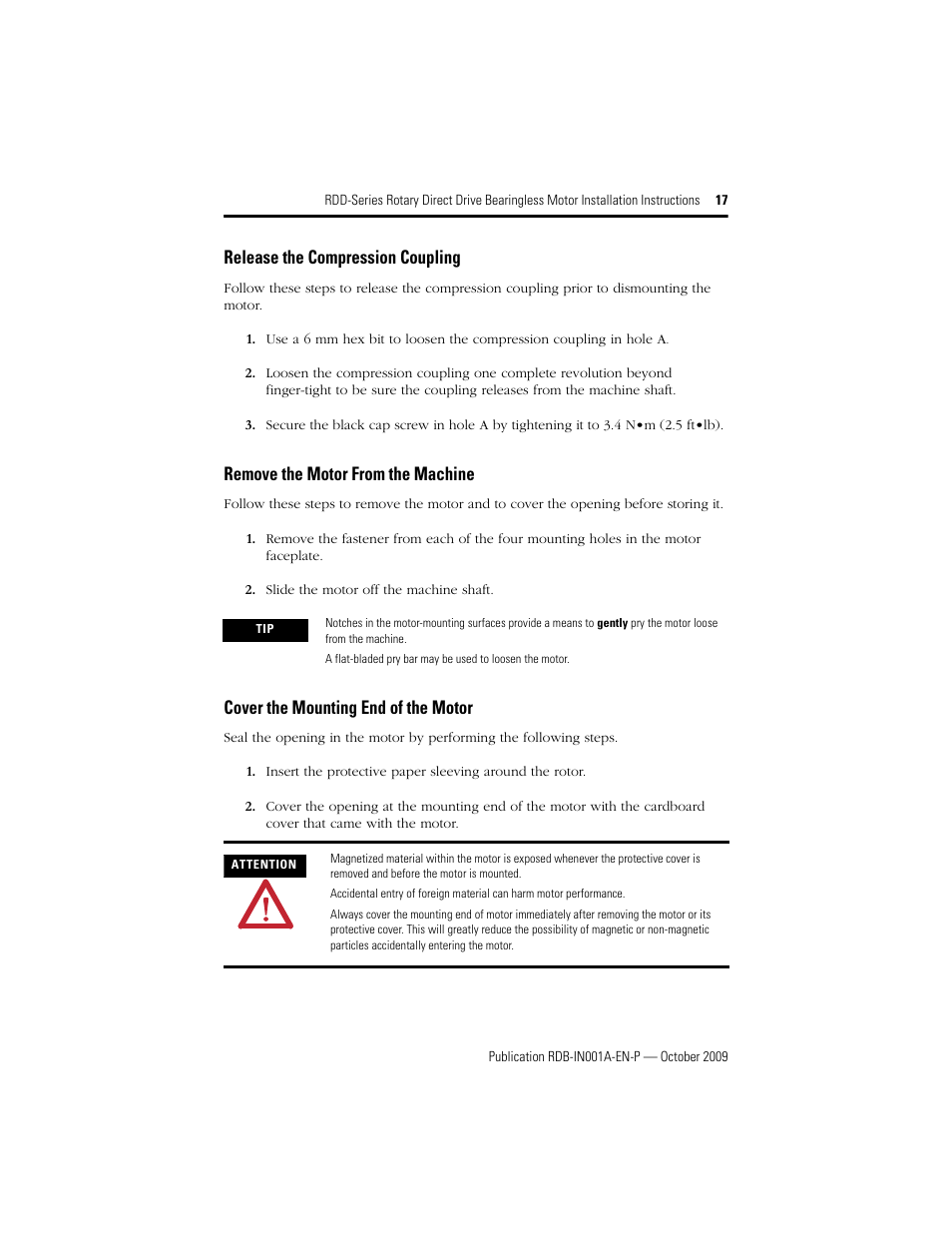 Release the compression coupling, Remove the motor from the machine, Cover the mounting end of the motor | Rockwell Automation RDD-B2153 Rotary Direct Drive Bearingless Motors User Manual | Page 17 / 24