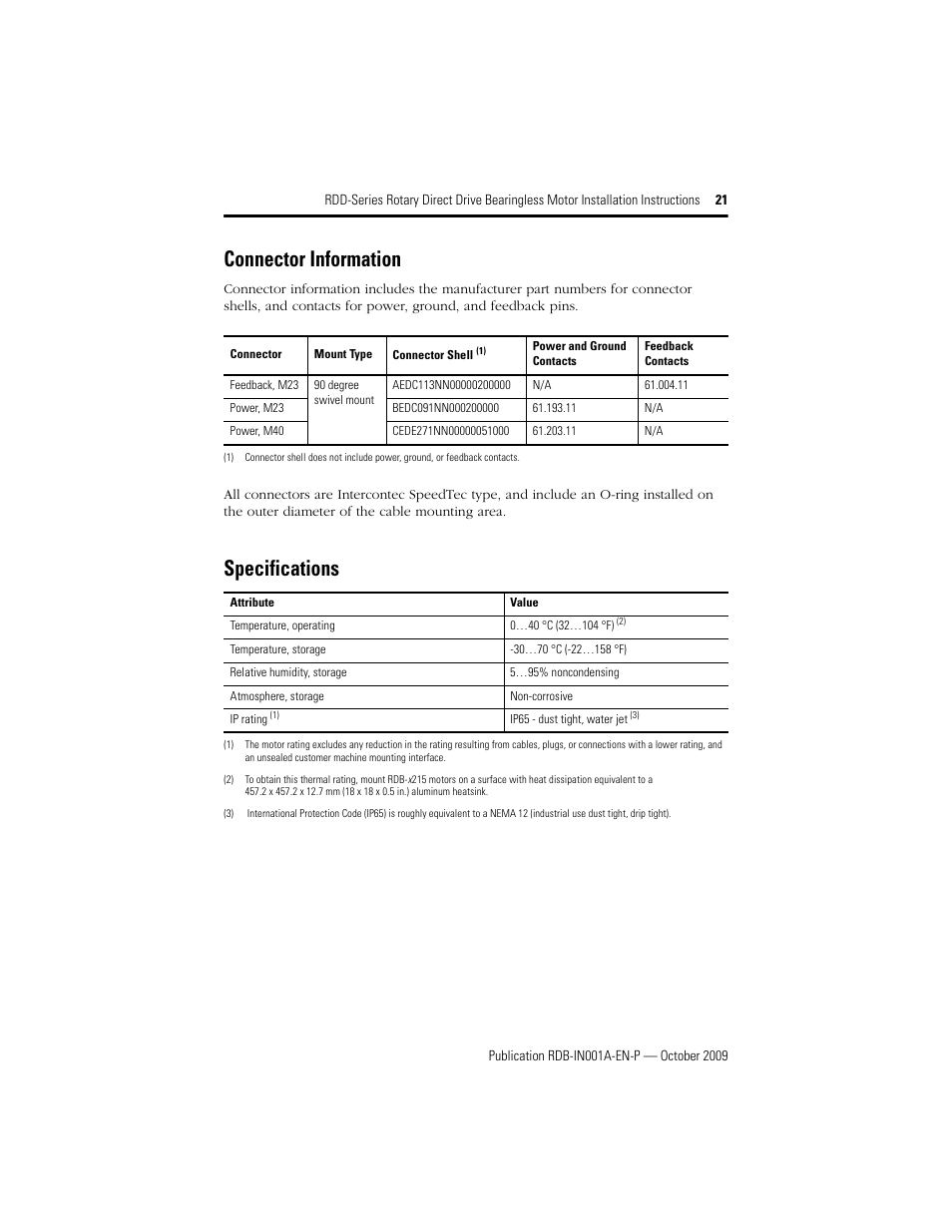 Connector information, Specifications, Specifications 21 | Cede271nn00000051000, Aedc113nn00000200000, Bedc091nn000200000 | Rockwell Automation RDD-B2153 Rotary Direct Drive Bearingless Motors User Manual | Page 21 / 24