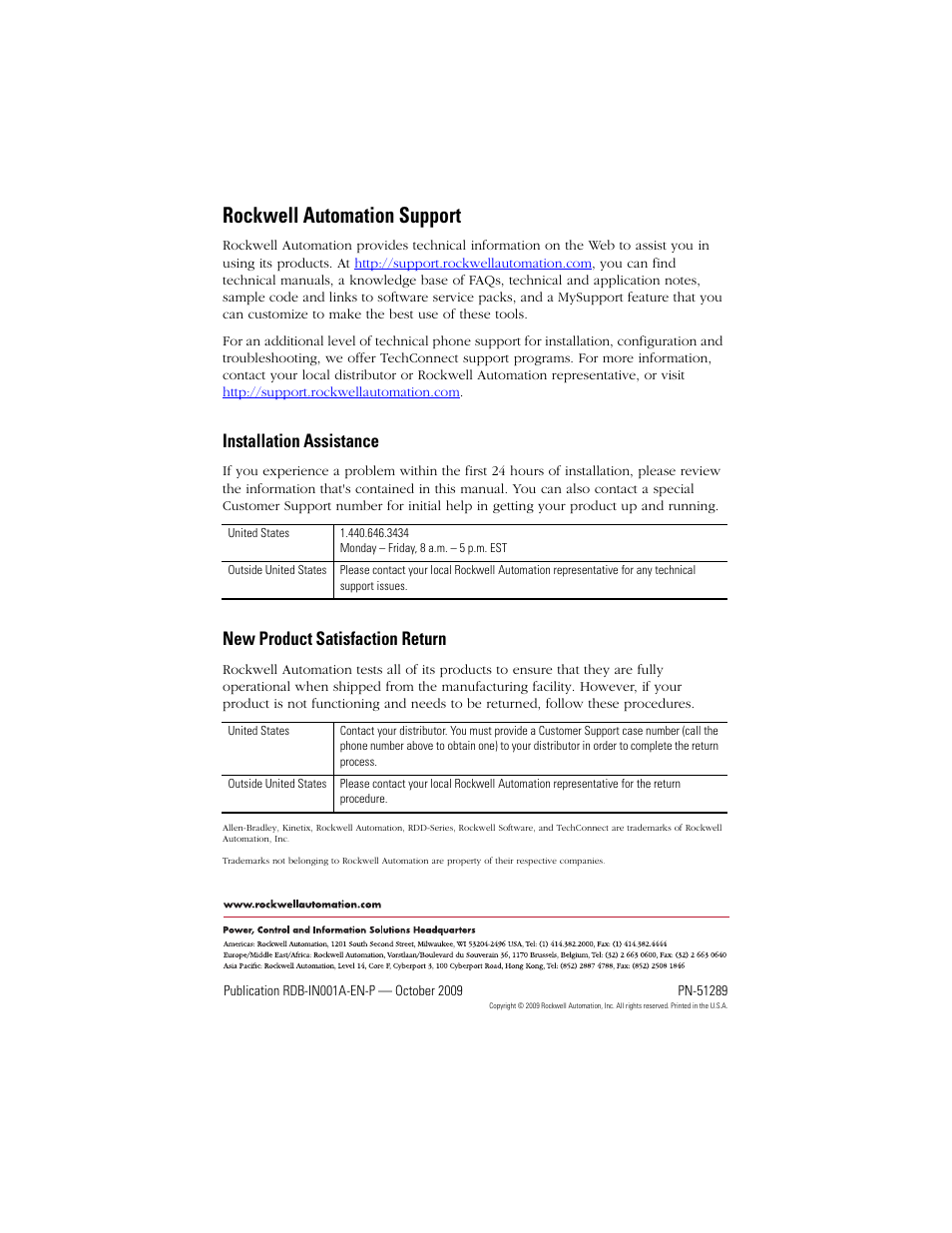 Rockwell automation support, Installation assistance, New product satisfaction return | Rockwell Automation RDD-B2153 Rotary Direct Drive Bearingless Motors User Manual | Page 24 / 24