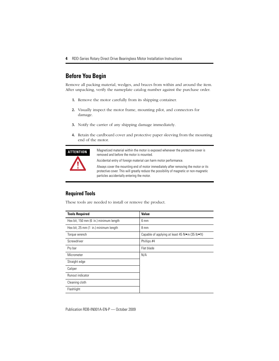 Before you begin, Required tools | Rockwell Automation RDD-B2153 Rotary Direct Drive Bearingless Motors User Manual | Page 4 / 24