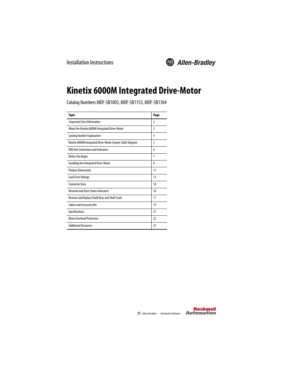 Rockwell Automation MDF-SBxxxx Kinetix 6000M Integrated Drive Motor Installation Instructions User Manual | 24 pages