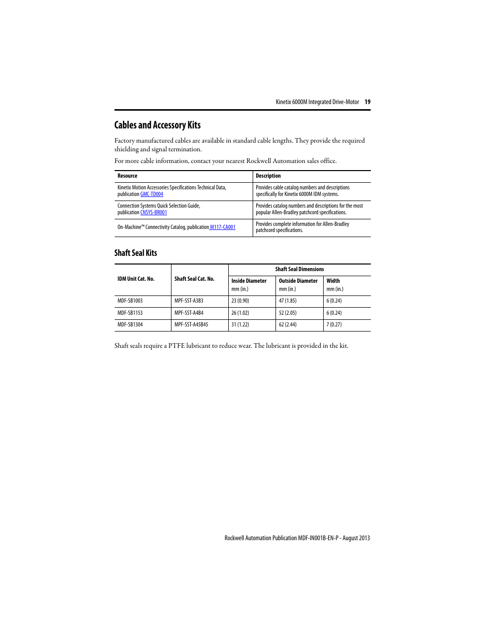 Cables and accessory kits, Shaft seal kits, Cables and accessory kits on | To cables and accessory kits on, Shaft seal kits o | Rockwell Automation MDF-SBxxxx Kinetix 6000M Integrated Drive Motor Installation Instructions User Manual | Page 19 / 24