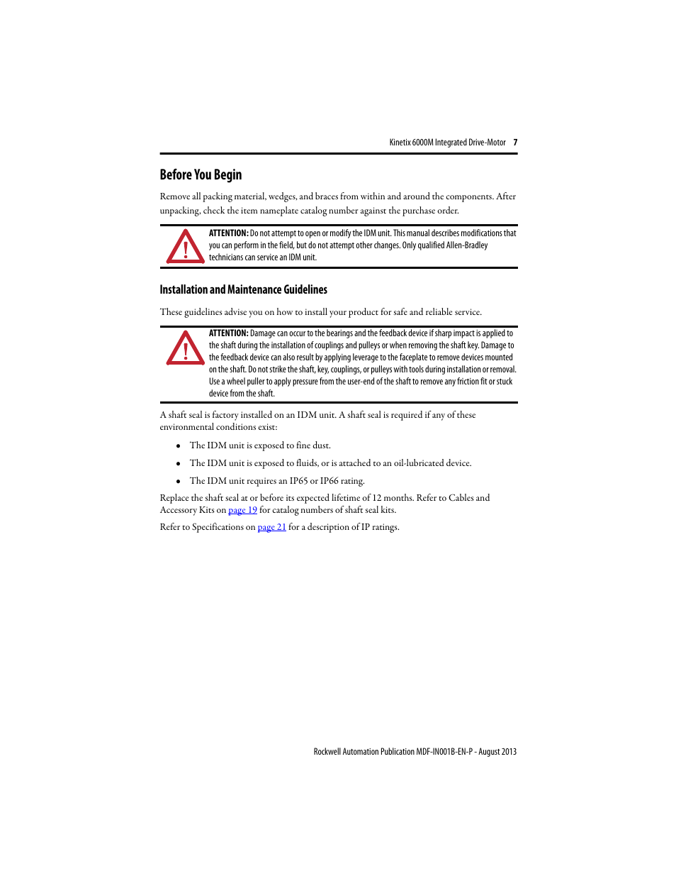 Before you begin, Installation and maintenance guidelines | Rockwell Automation MDF-SBxxxx Kinetix 6000M Integrated Drive Motor Installation Instructions User Manual | Page 7 / 24
