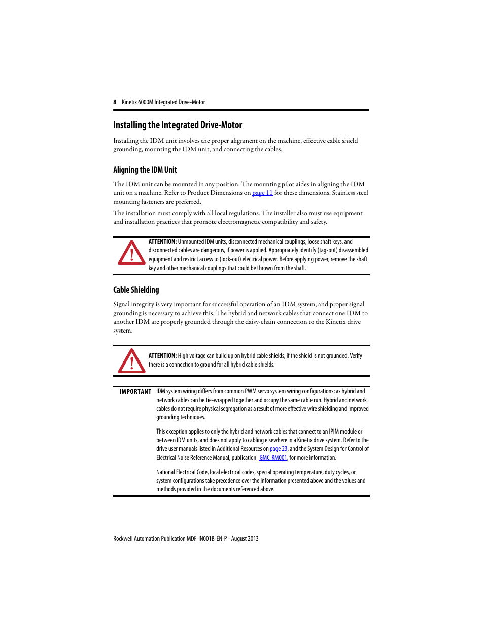 Installing the integrated drive-motor, Aligning the idm unit, Cable shielding | Rockwell Automation MDF-SBxxxx Kinetix 6000M Integrated Drive Motor Installation Instructions User Manual | Page 8 / 24