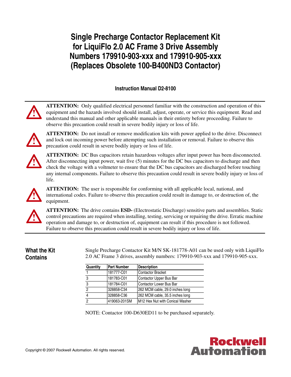 Rockwell Automation Single Precharge Contactor Replacement Kit for LiquiFlo 2.0 AC Fr 3 Drive Ass'y User Manual | 10 pages