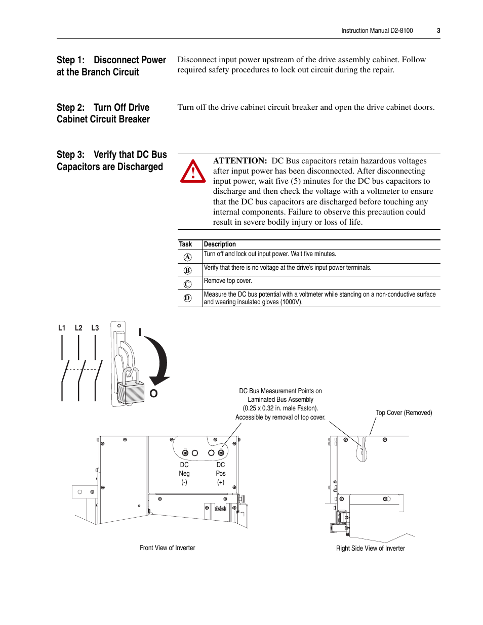 Step 1: disconnect power at the branch circuit, Step 2: turn off drive cabinet circuit breaker | Rockwell Automation Single Precharge Contactor Replacement Kit for LiquiFlo 2.0 AC Fr 3 Drive Ass'y User Manual | Page 3 / 10