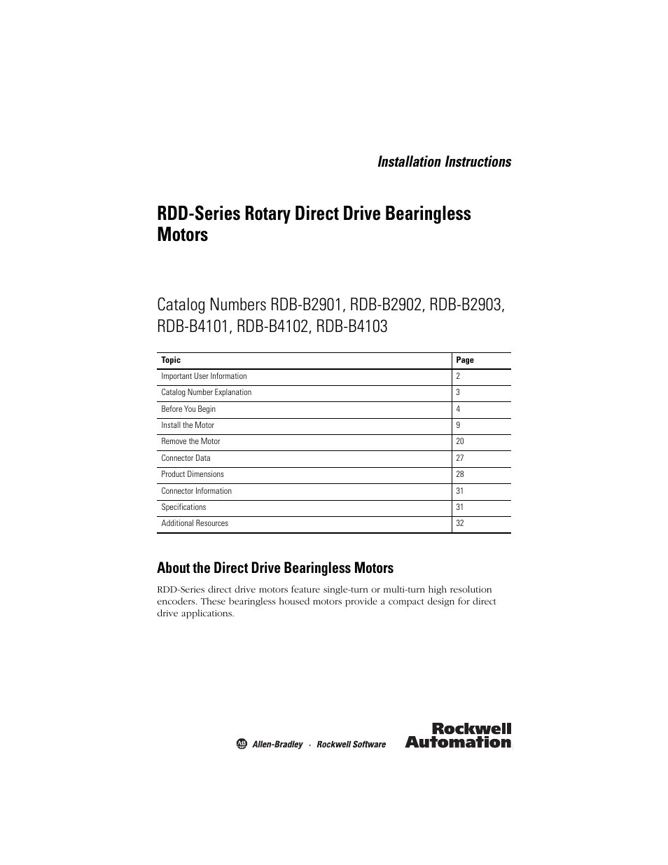 Rockwell Automation RDD-B4102 Rotary Direct Drive Bearingless Motors User Manual | 32 pages