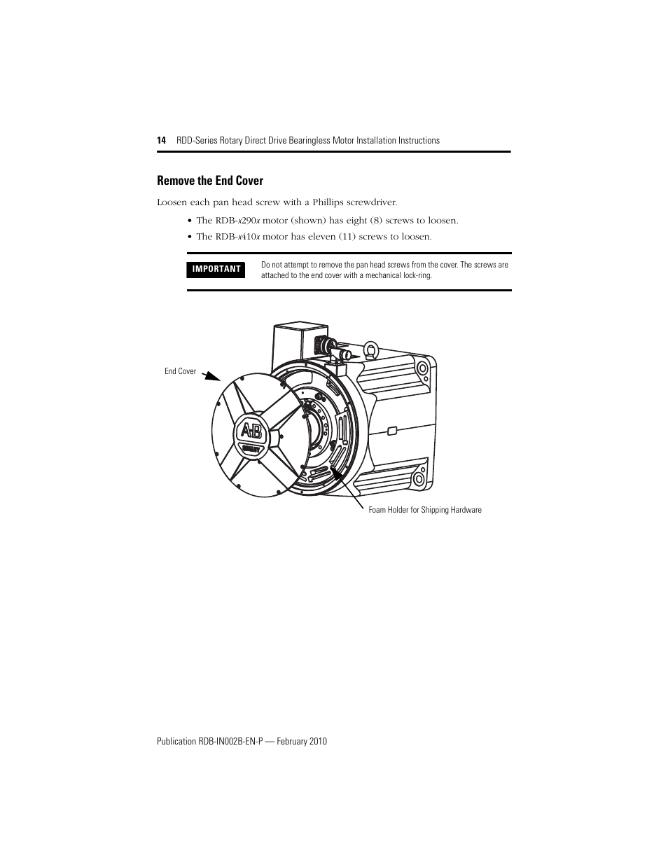 Remove the end cover | Rockwell Automation RDD-B4102 Rotary Direct Drive Bearingless Motors User Manual | Page 14 / 32