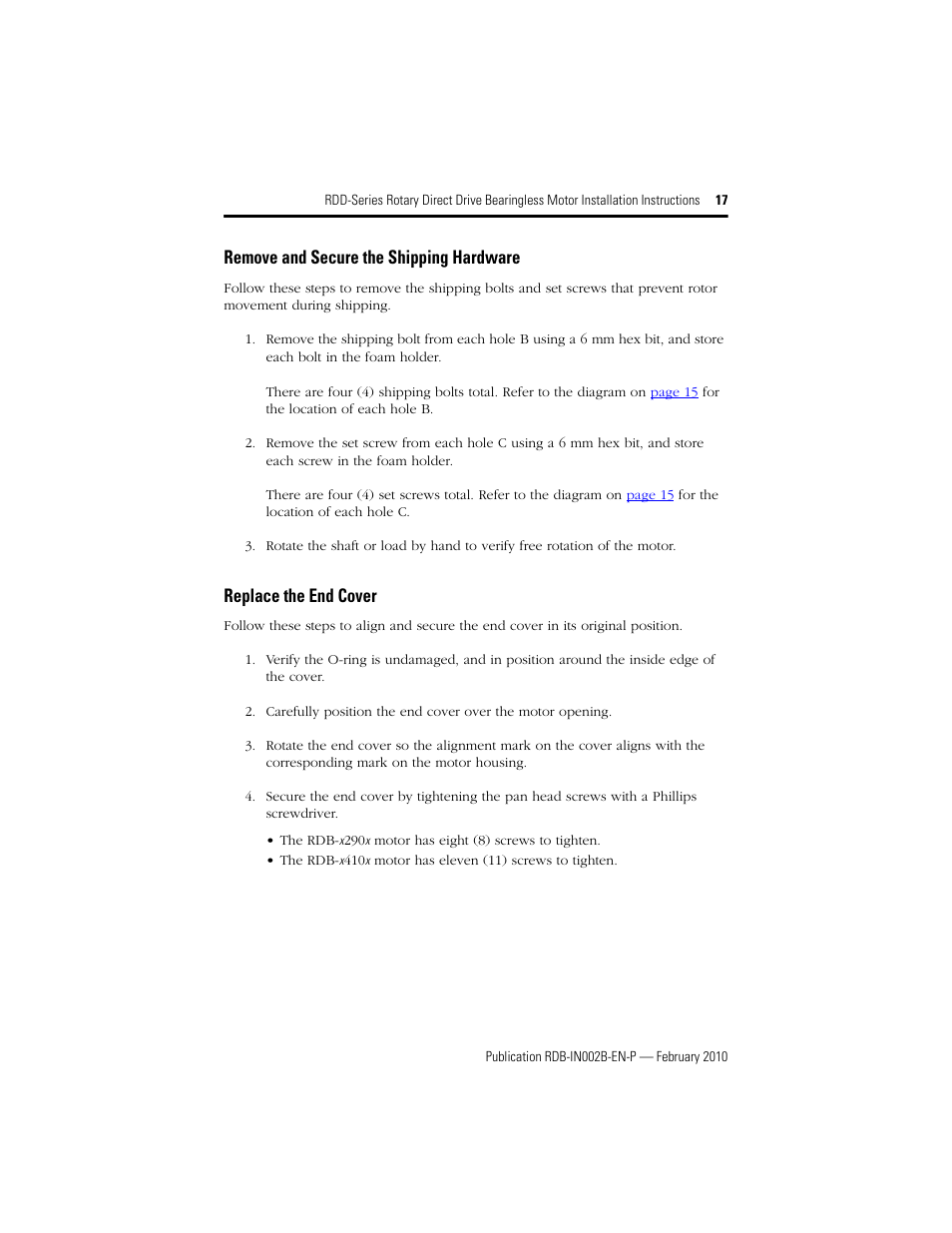 Remove and secure the shipping hardware, Replace the end cover | Rockwell Automation RDD-B4102 Rotary Direct Drive Bearingless Motors User Manual | Page 17 / 32