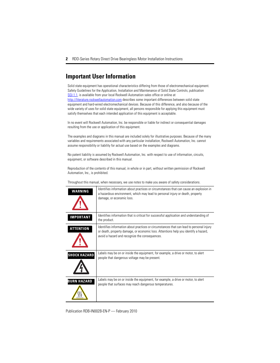 Important user information | Rockwell Automation RDD-B4102 Rotary Direct Drive Bearingless Motors User Manual | Page 2 / 32