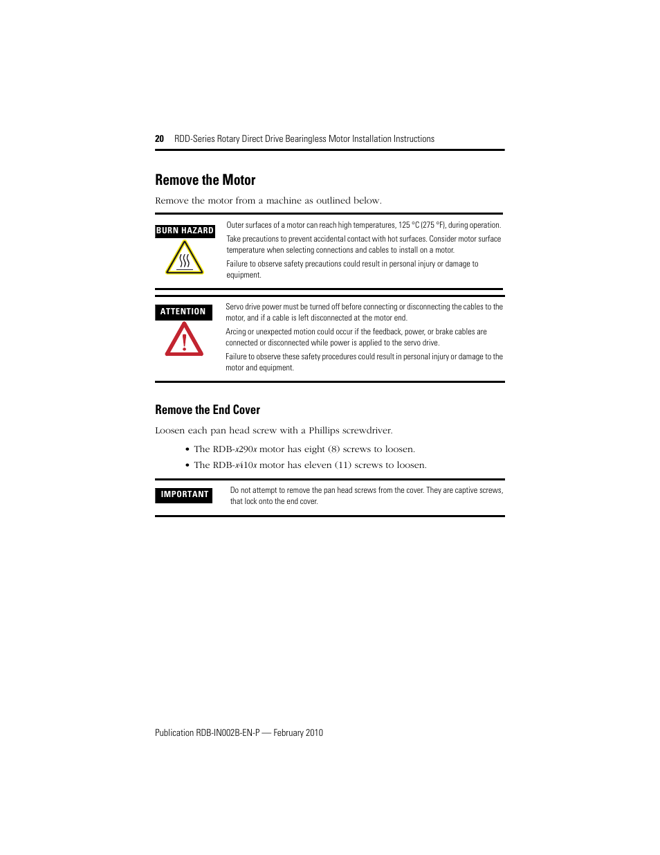 Remove the motor, Remove the end cover | Rockwell Automation RDD-B4102 Rotary Direct Drive Bearingless Motors User Manual | Page 20 / 32