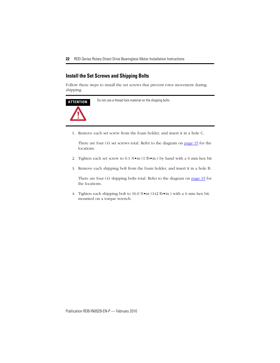 Install the set screws and shipping bolts | Rockwell Automation RDD-B4102 Rotary Direct Drive Bearingless Motors User Manual | Page 22 / 32