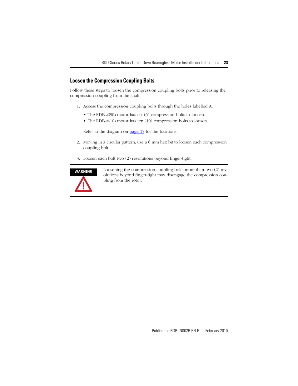 Loosen the compression coupling bolts | Rockwell Automation RDD-B4102 Rotary Direct Drive Bearingless Motors User Manual | Page 23 / 32