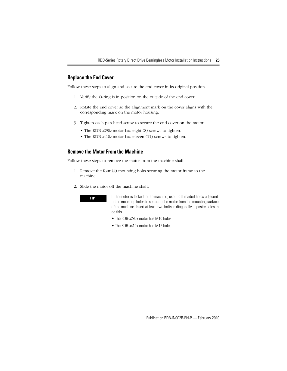 Replace the end cover, Remove the motor from the machine | Rockwell Automation RDD-B4102 Rotary Direct Drive Bearingless Motors User Manual | Page 25 / 32