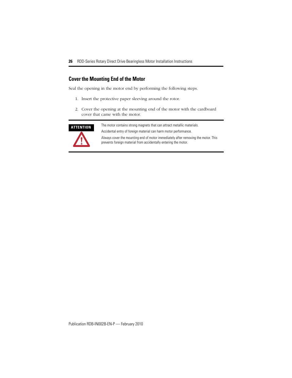 Cover the mounting end of the motor | Rockwell Automation RDD-B4102 Rotary Direct Drive Bearingless Motors User Manual | Page 26 / 32