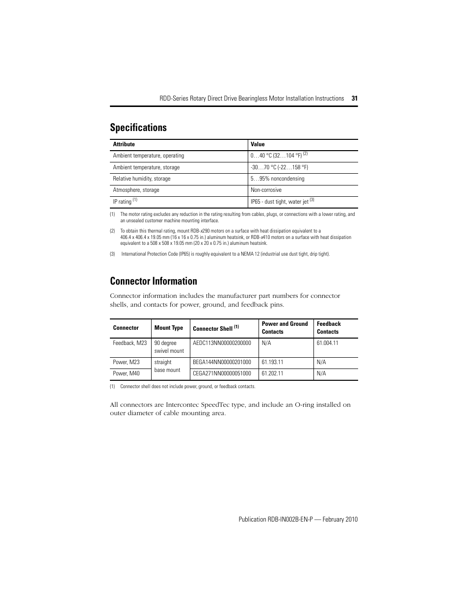 Specifications, Connector information, Specifications 31 | Cega271nn00000051000, Aedc113nn00000200000, Bega144nn00000201000, Specifications connector information | Rockwell Automation RDD-B4102 Rotary Direct Drive Bearingless Motors User Manual | Page 31 / 32